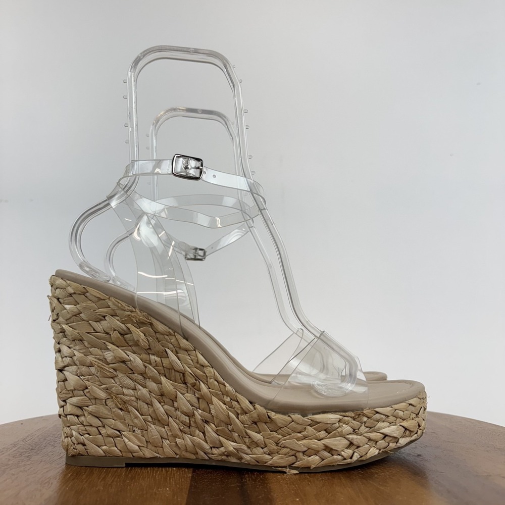 New Womens BP Nordstrom Ginny Clear Beige Strappy Espadrille Wedge Sandals Sz 11